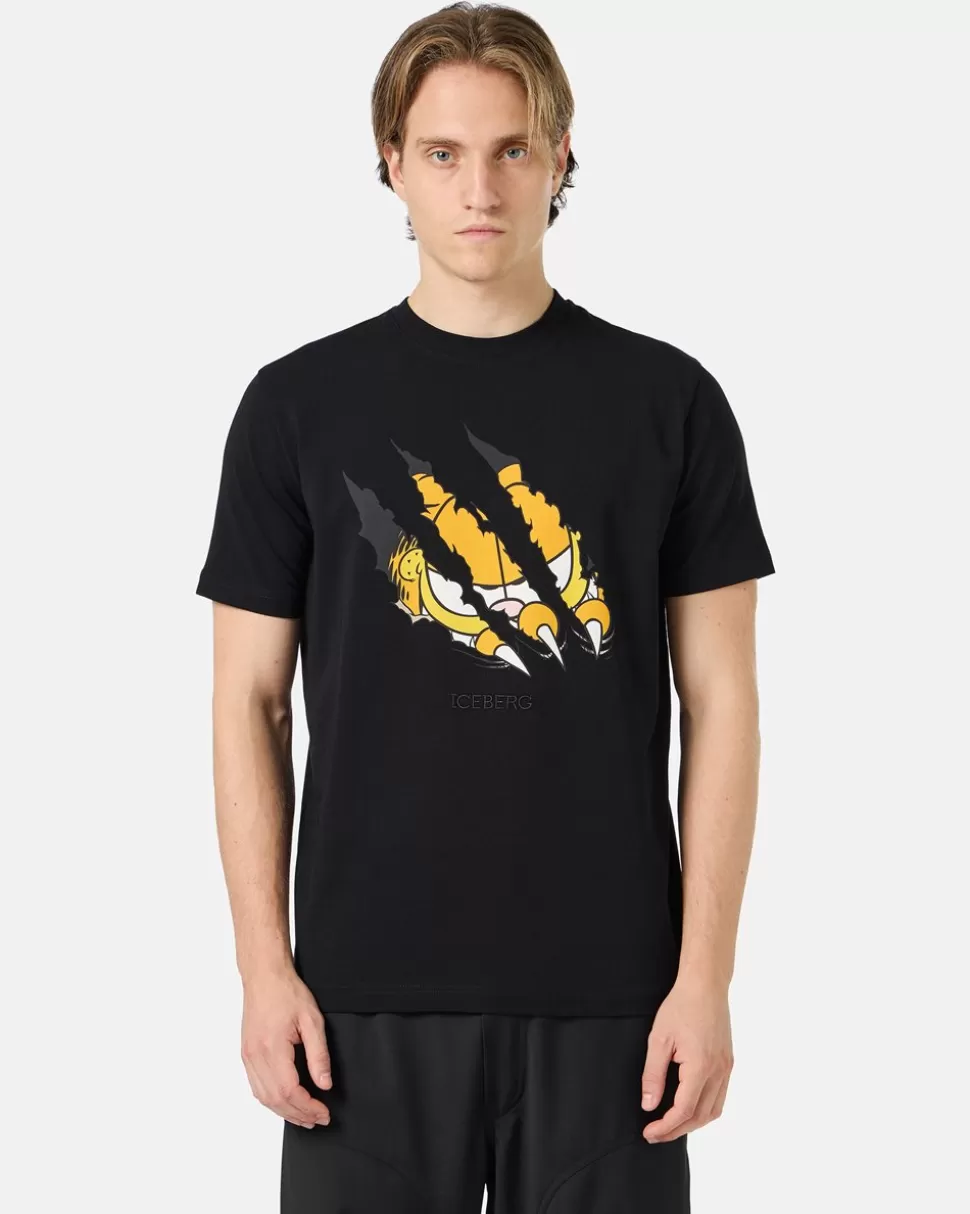 Iceberg Black Cotton Jersey T-shirt With Garfield Print And Embroidered Logo | Garfield | T-Shirts And Polo