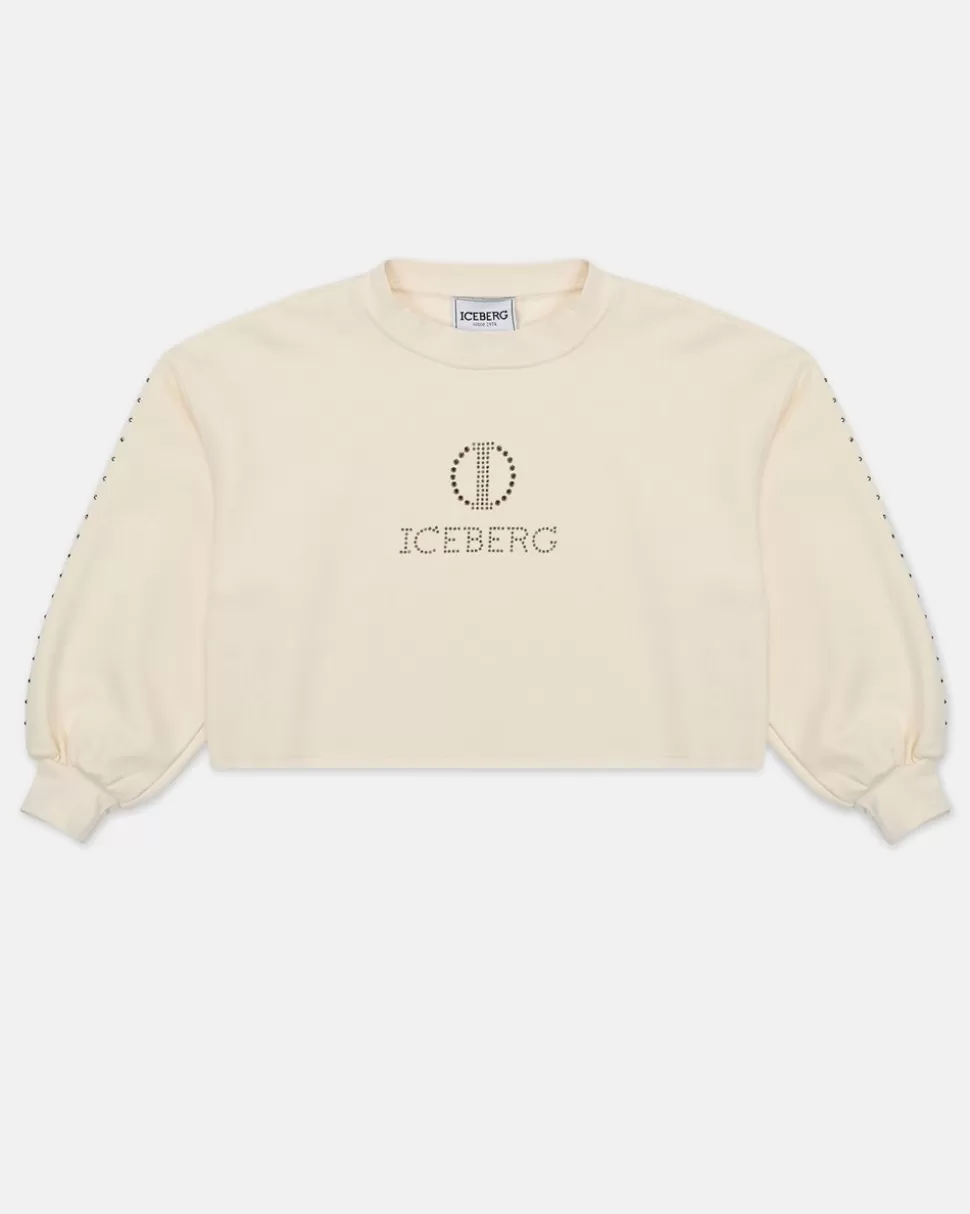 Iceberg Cream-colored Crop Sweatshirt With Studs And Logo | Kids Girl Fw24