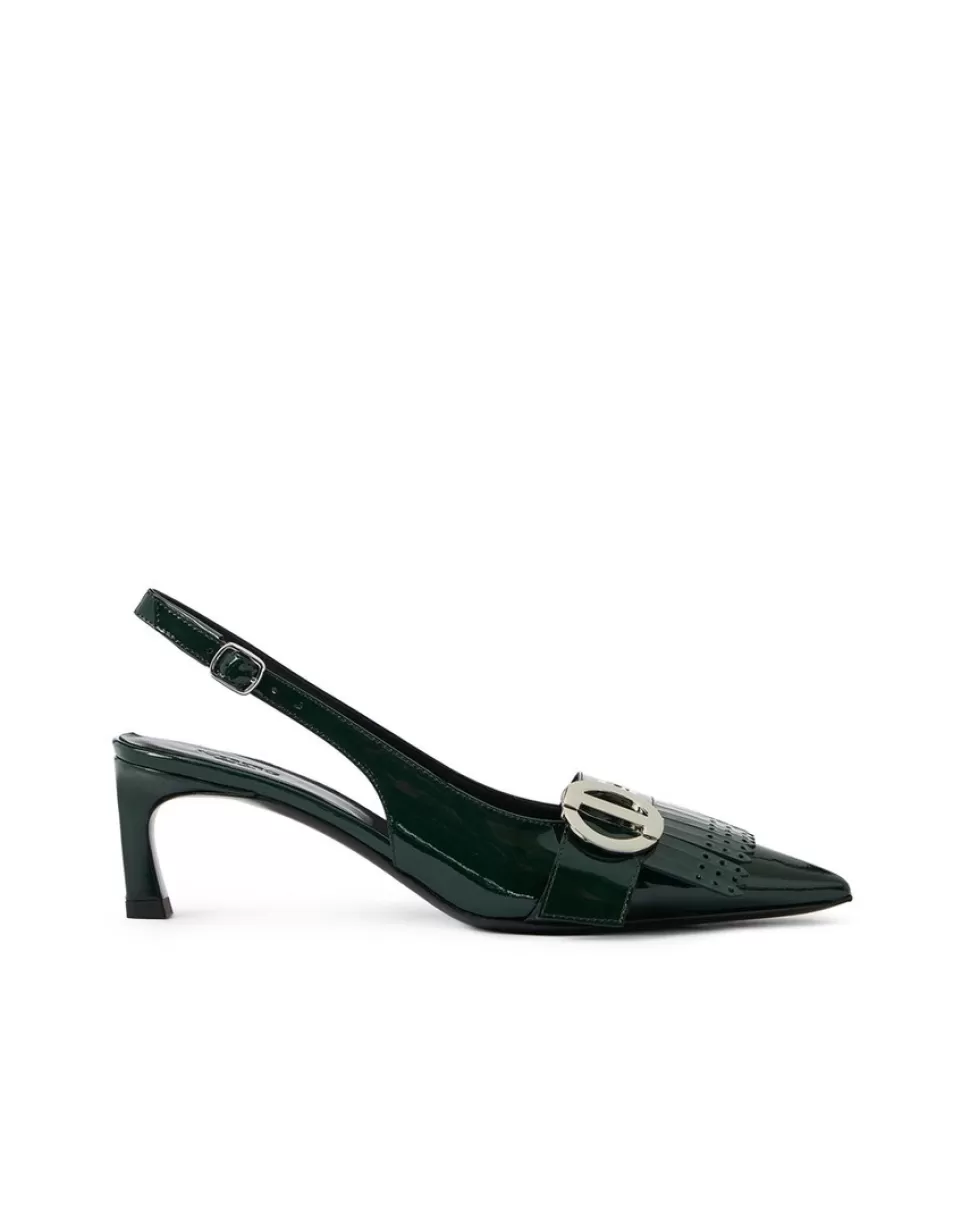 Iceberg Green Patinated Leather Pumps With Kitten Heel, Logo And Fringe | Women Shoes