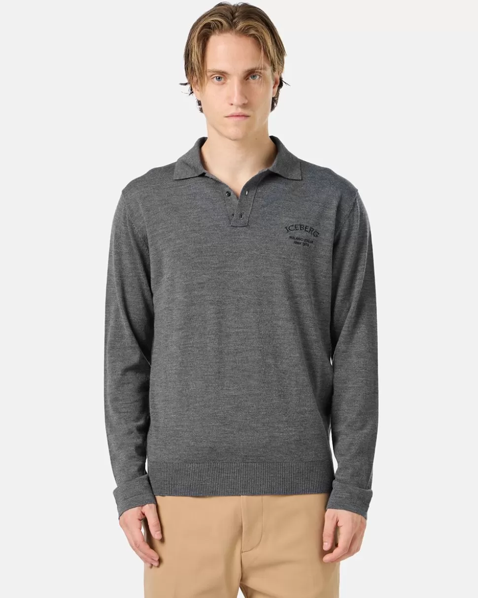 Iceberg Grey Long-sleeved Polo Shirt In Merino Yarn With Logo | Wool Double | Knitwear