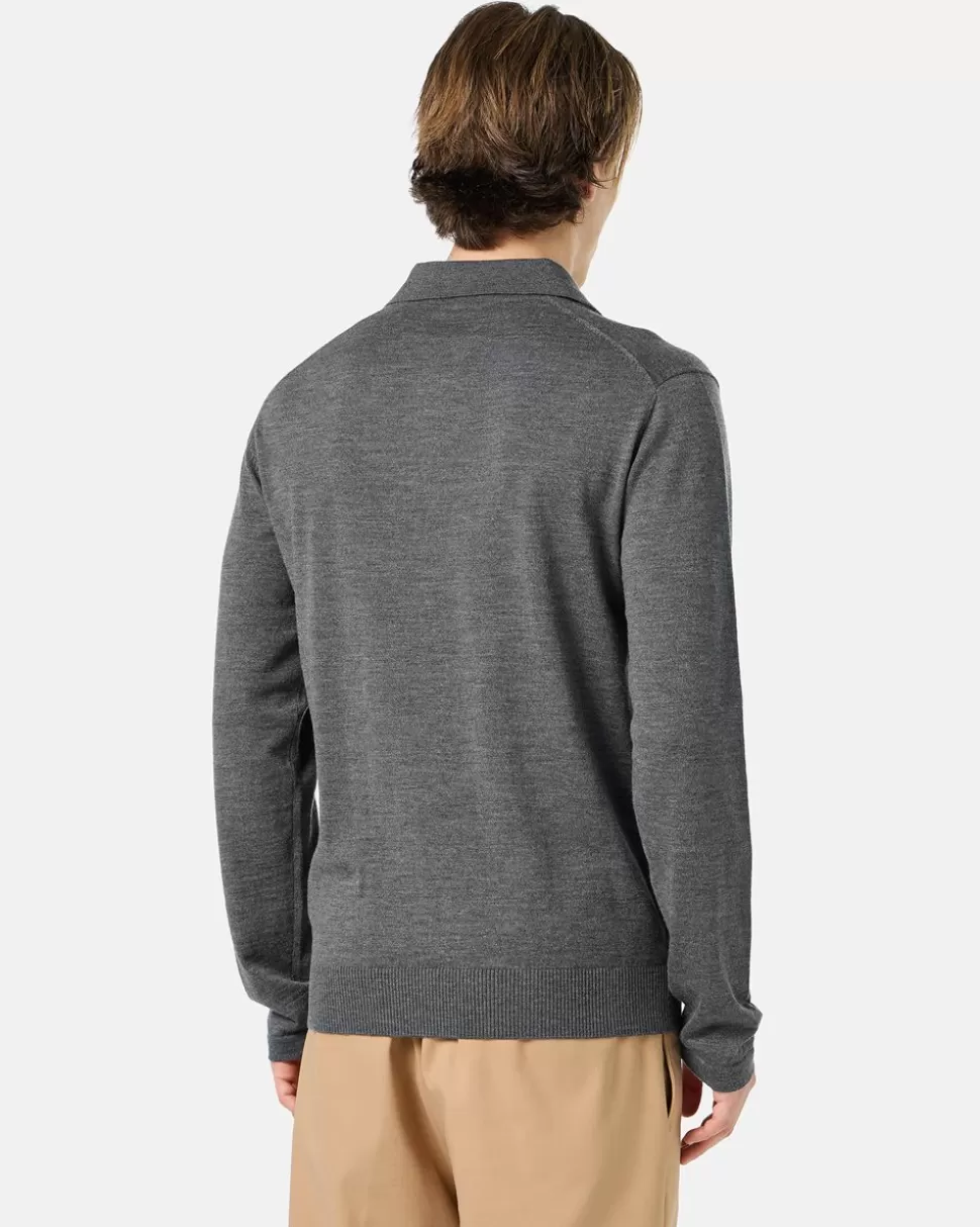 Iceberg Grey Long-sleeved Polo Shirt In Merino Yarn With Logo | Wool Double | Knitwear