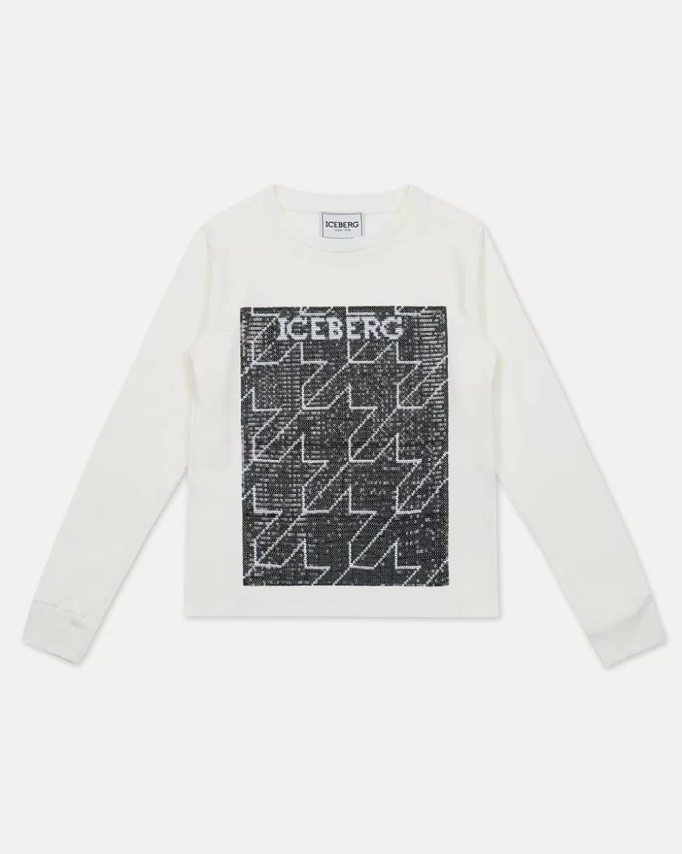 Iceberg White Crewneck Sweatshirt With Houndstooth Pattern And Logo | Kids Girl Fw24