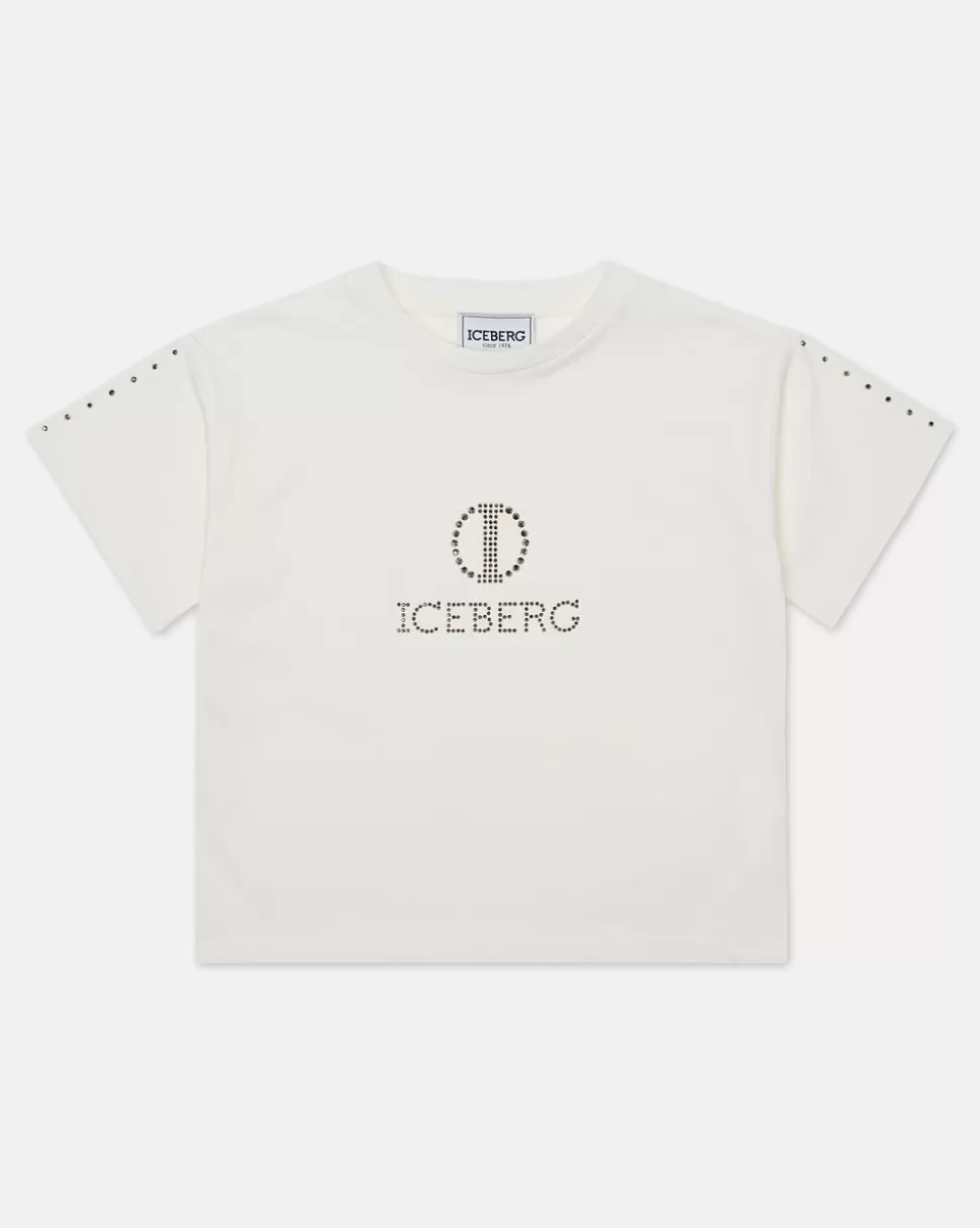 Iceberg White Crop T-shirt With Studs And Logo | Kids Girl Fw24